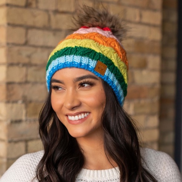 SOLD OUT Rainbow Cable Knit Fleece Lined Faux Fur Pompom Beanie Women's Winter - Picture 3 of 4
